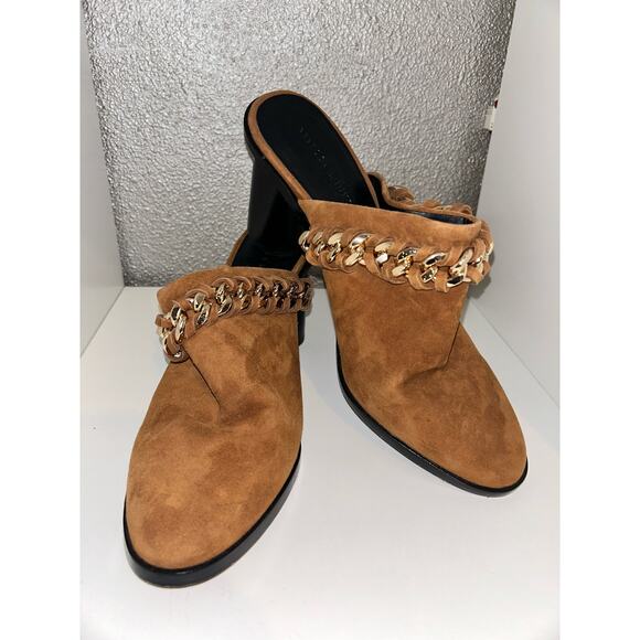 Rebecca Minkoff Galiyah Hippie Boho Edgy Saddle Suede Chain Round Stacked Heels - Picture 1 of 8